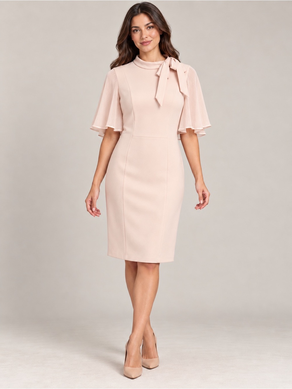 Calvin Klein 🔥 Blush Tie-Neck Flutter Sleeve Midi Dress